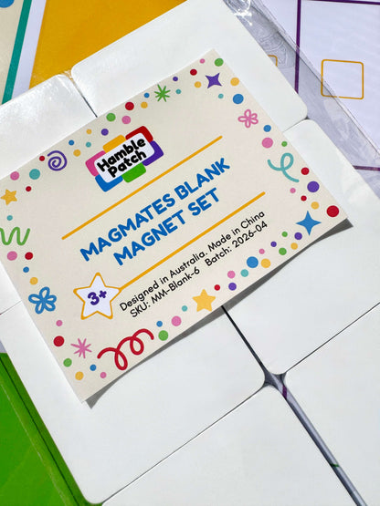 Hamble Patch Magmates Blank Magnet Set packaging sticker shown with colourful confetti and star illustrations around the text.
