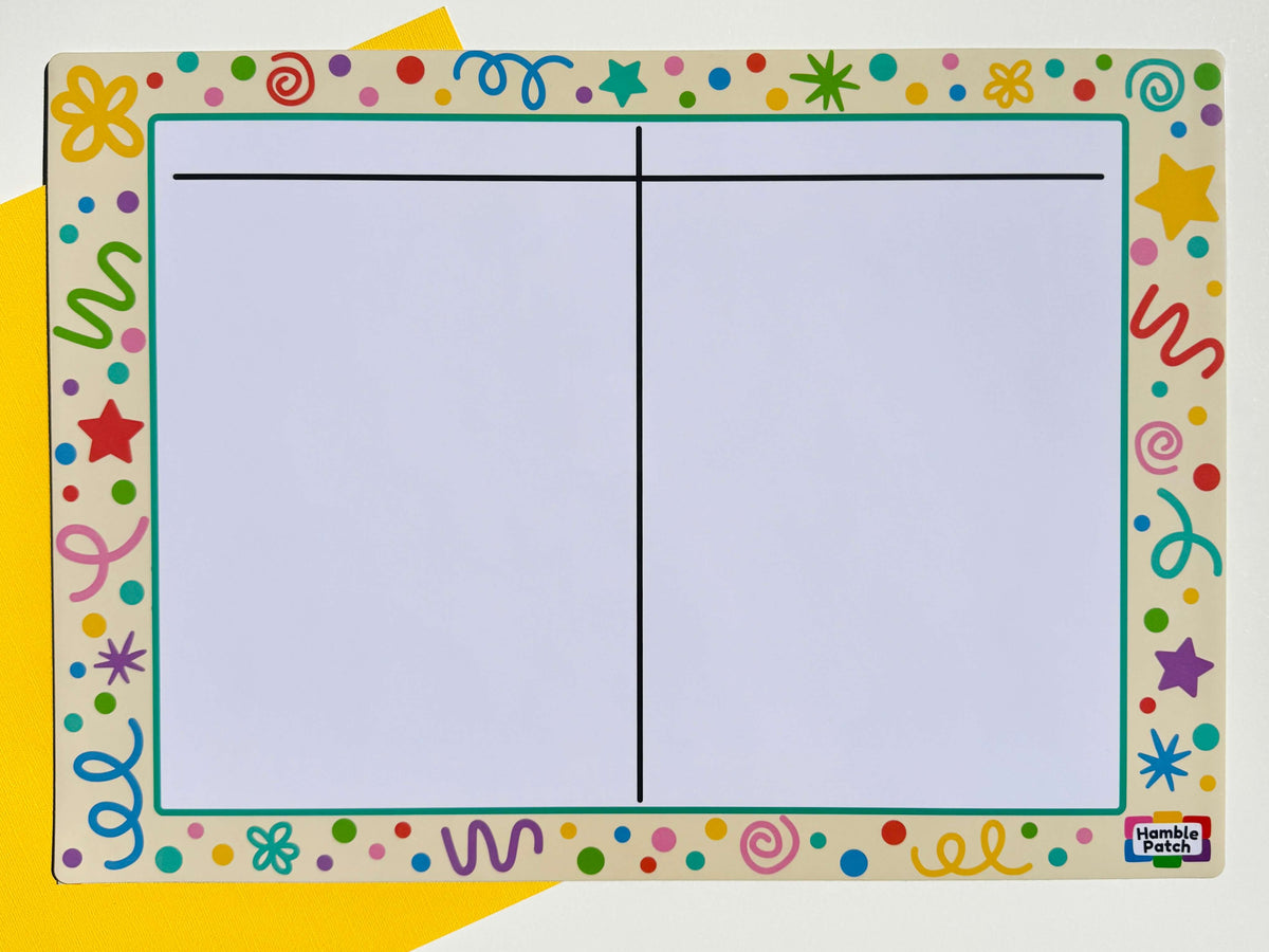 A children's magnetic board with a colourful decorative border and two large blank writing sections divided by a vertical line, with a horizontal line across the top. The board is shown on a yellow background with a small Hamble Patch logo in the bottom right corner.