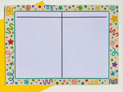 A children's magnetic board with a colourful decorative border and two large blank writing sections divided by a vertical line, with a horizontal line across the top. The board is shown on a yellow background with a small Hamble Patch logo in the bottom right corner.