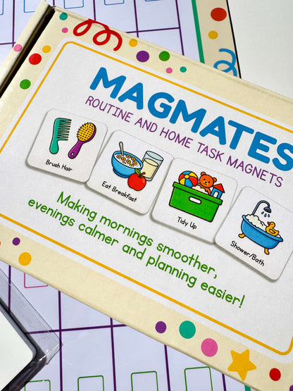 A close-up of a boxed set of 'Magmates Routine and Home Task Magnets' showing sample magnet designs on the front cover, including brush hair, eat breakfast, tidy up, and shower/bath tasks.