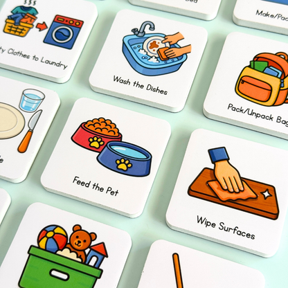 Routine magnets flatlay with various daily routine activities and icons on a light green background
