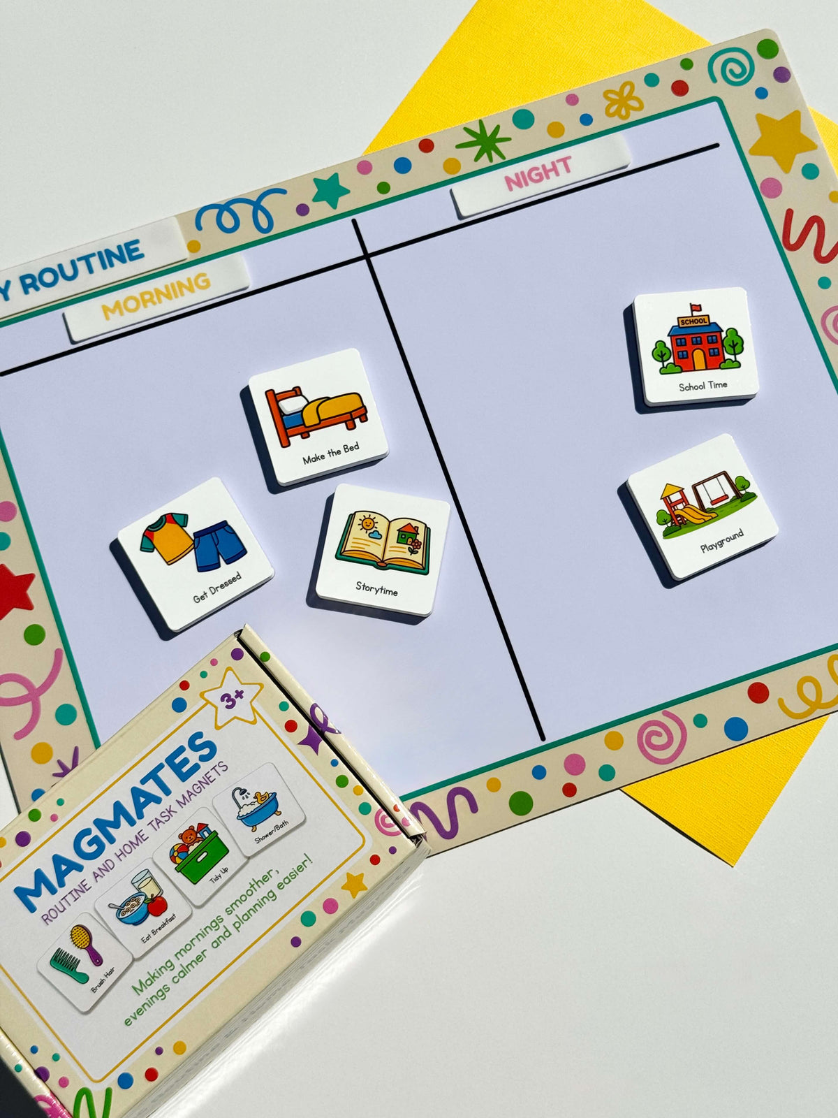 Flex and flow magnetic board displaying an assortment of MagMates and the MagMates product box. Magnetic board displayed with silicone stickers. 