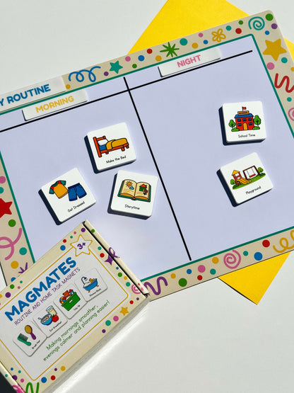 Flex and flow magnetic board displaying an assortment of MagMates and the MagMates product box. Magnetic board displayed with silicone stickers. 