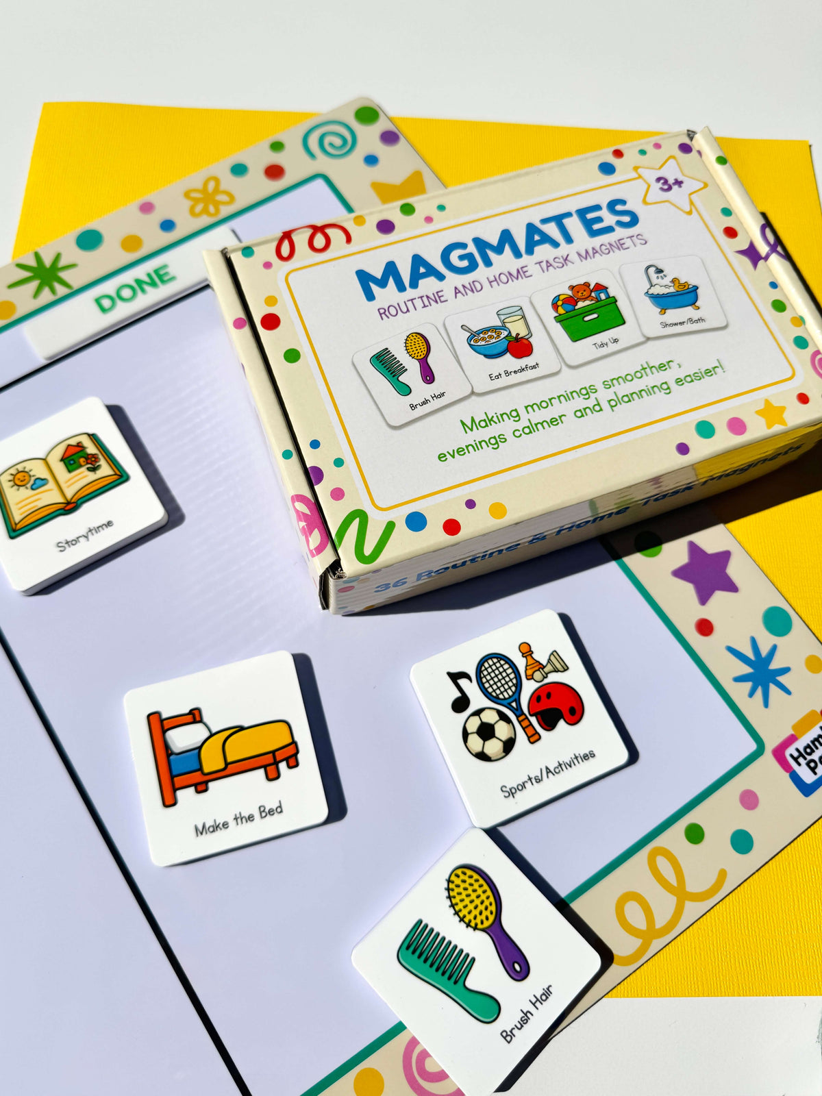 Magmates Routine and Home Task Magnets on the white magnetic board. Includes the MagMates packaging box. 