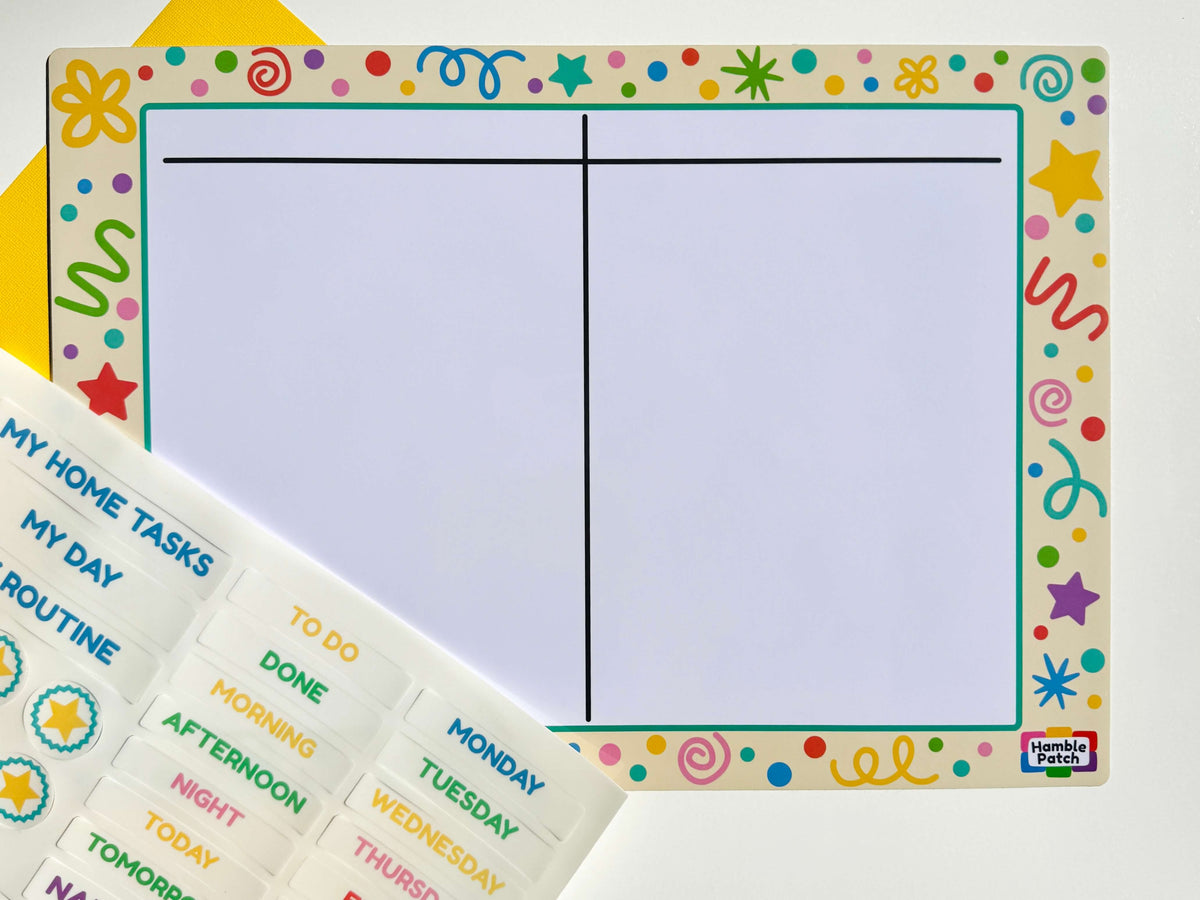 A colourful daily planner board with a decorative border and a two-column layout, shown with matching task stickers on a white background.