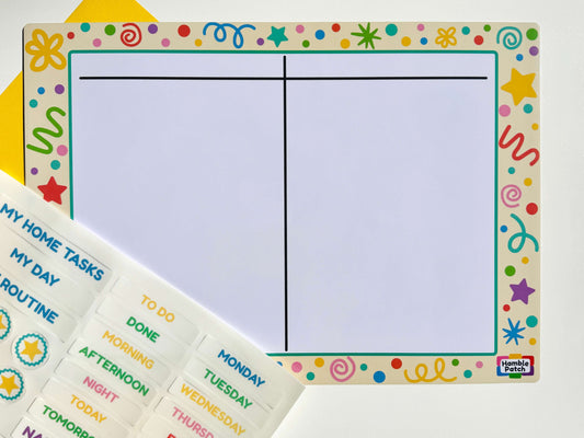 A colourful daily planner board with a decorative border and a two-column layout, shown with matching task stickers on a white background.
