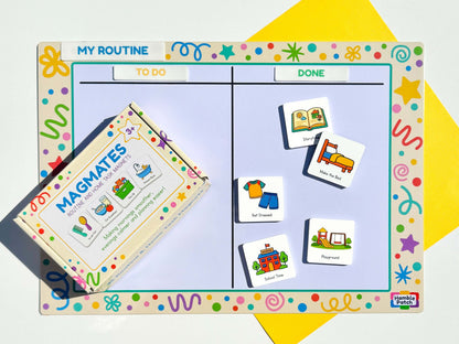 A children's routine board set up with headers of To Do and Done, with MagMates Magnets displayed with the packaging box on a white and yellow background. 