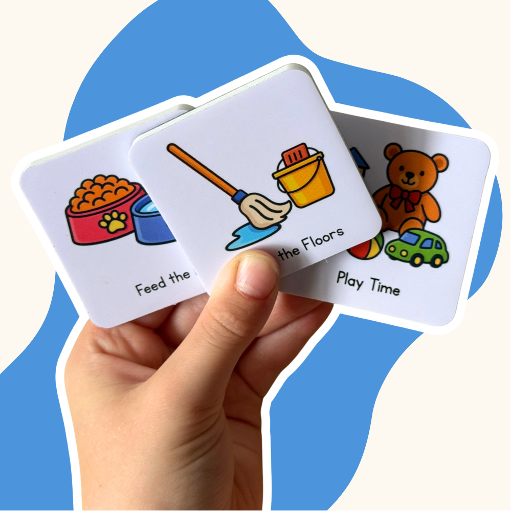 Hand holding routine magnets with illustrations and text on a blue background
