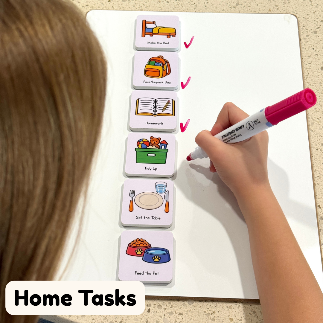 Child's hand with a pink marker next to a set of illustrated routine magnets labelled 'Home Tasks'.