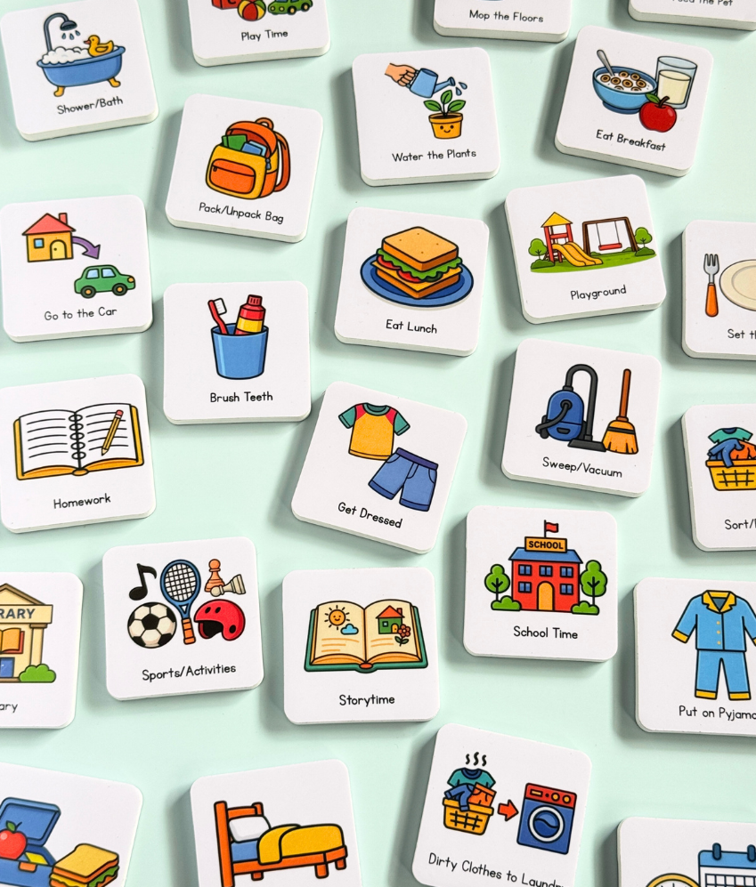 Set of child friendly magnets - with routine and home task images and associated text on a light green background