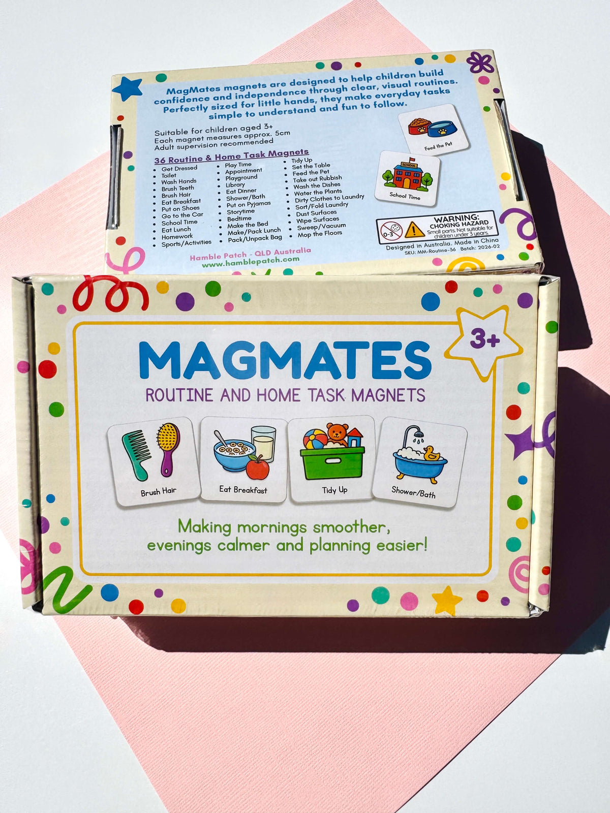 Magmates Routine and Home Task Magnets product box shown on a pink and white background. One box shown with the back details of the product box.