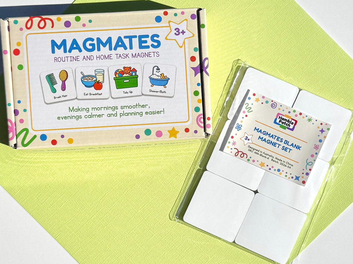 MagMates routine and home task magnets shown with their retail gift box and a clear plastic blister pack containing white blank magnets, placed on a bright yellow-green background.