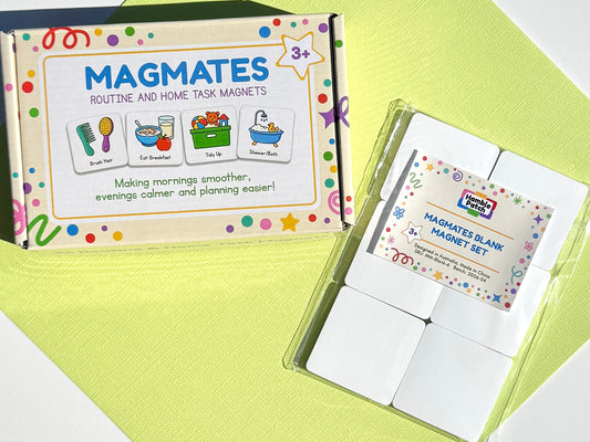 MagMates routine and home task magnets shown with their retail gift box and a clear plastic blister pack containing white blank magnets, placed on a bright yellow-green background.