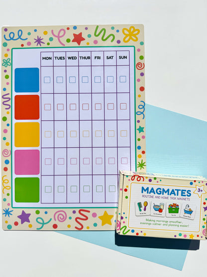 A colourful weekly planner board with a decorated border and a column of bright colour blocks on the left, shown alongside a small box labelled 'Magmates Routine and Home Task Markers.' Presented as Product/Packaging rather than Lifestyle.