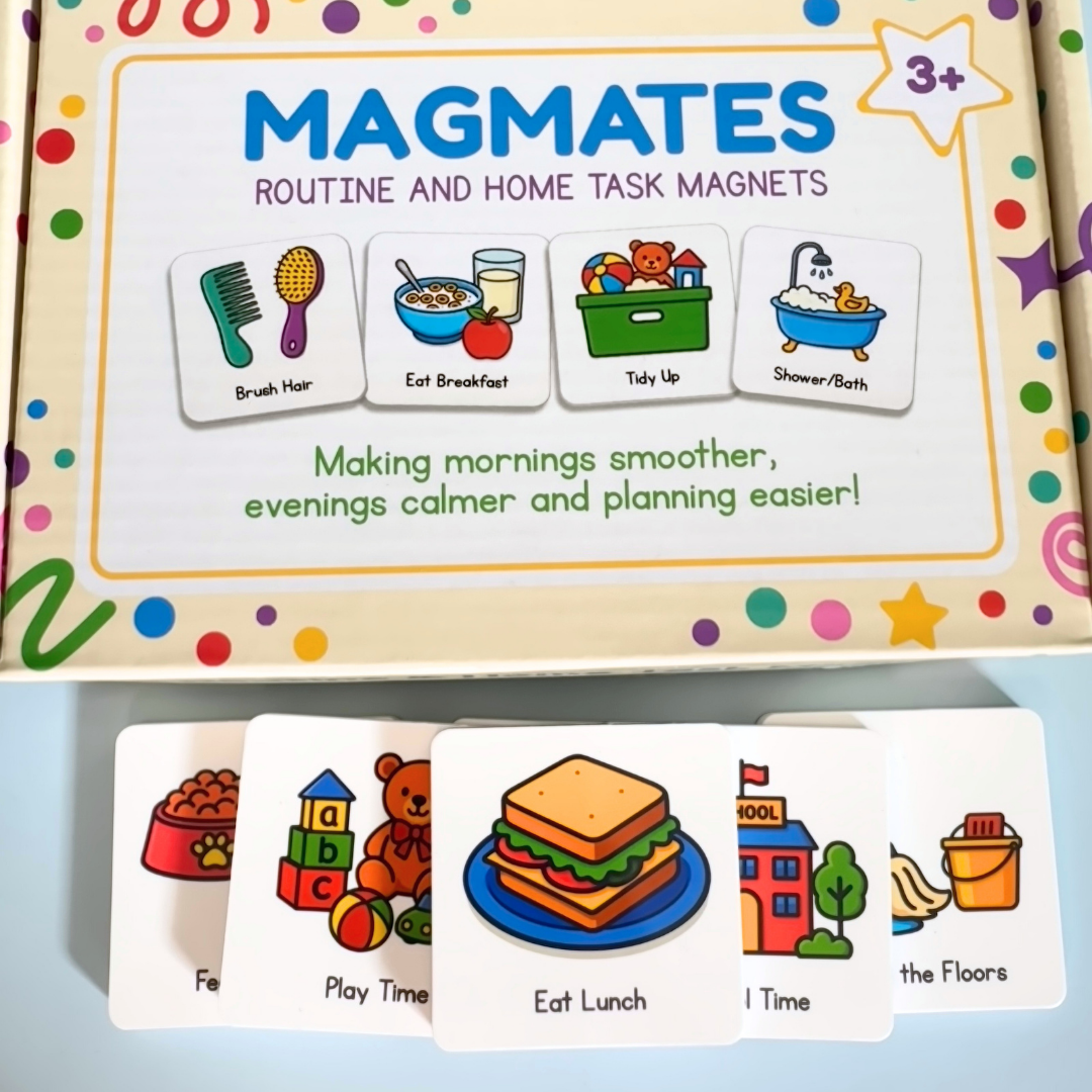 Image of the MagMates package box and assorted magnets in front.