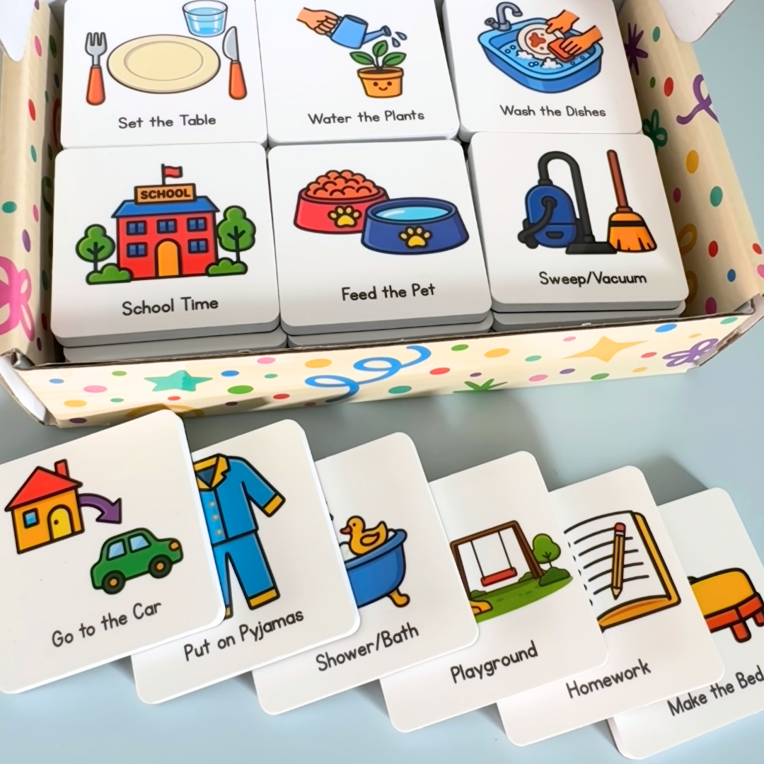 Image of the open box of MagMates Magnets with an assortment of routine and home task magnets placed in front of the box.