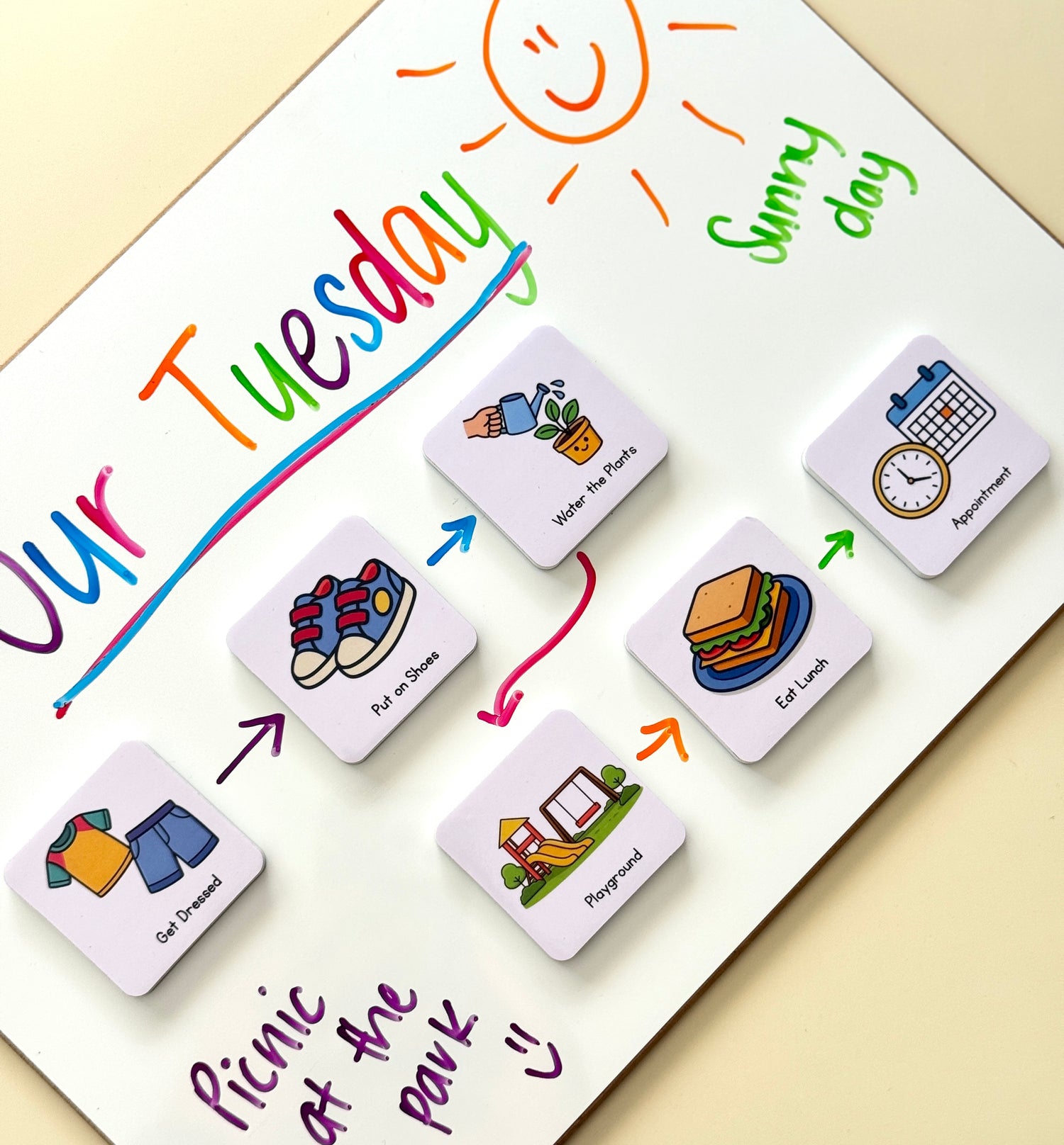 Colourful routine magnets with illustrations on a white board