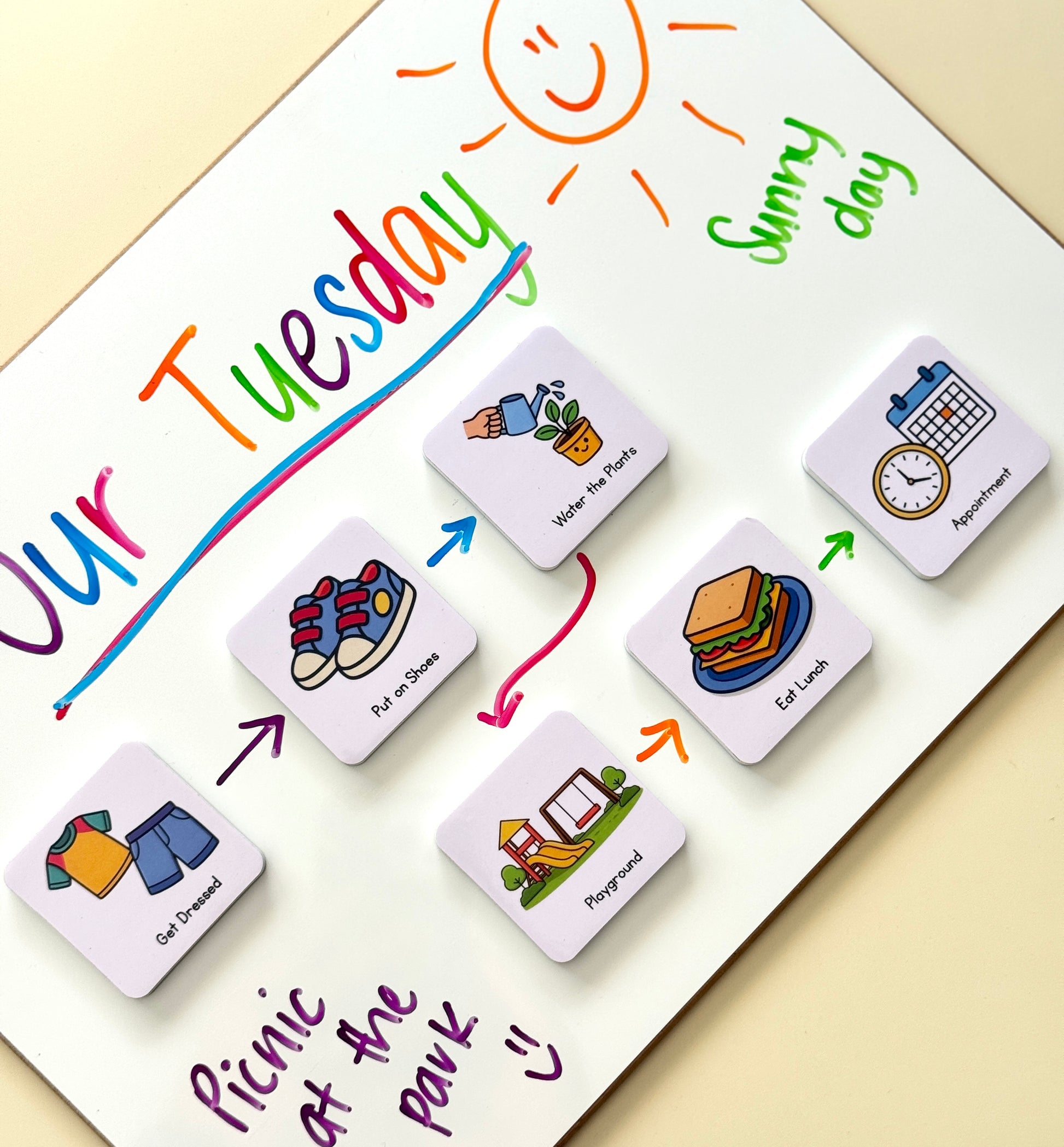 Colourful routine magnets with illustrations on a white board