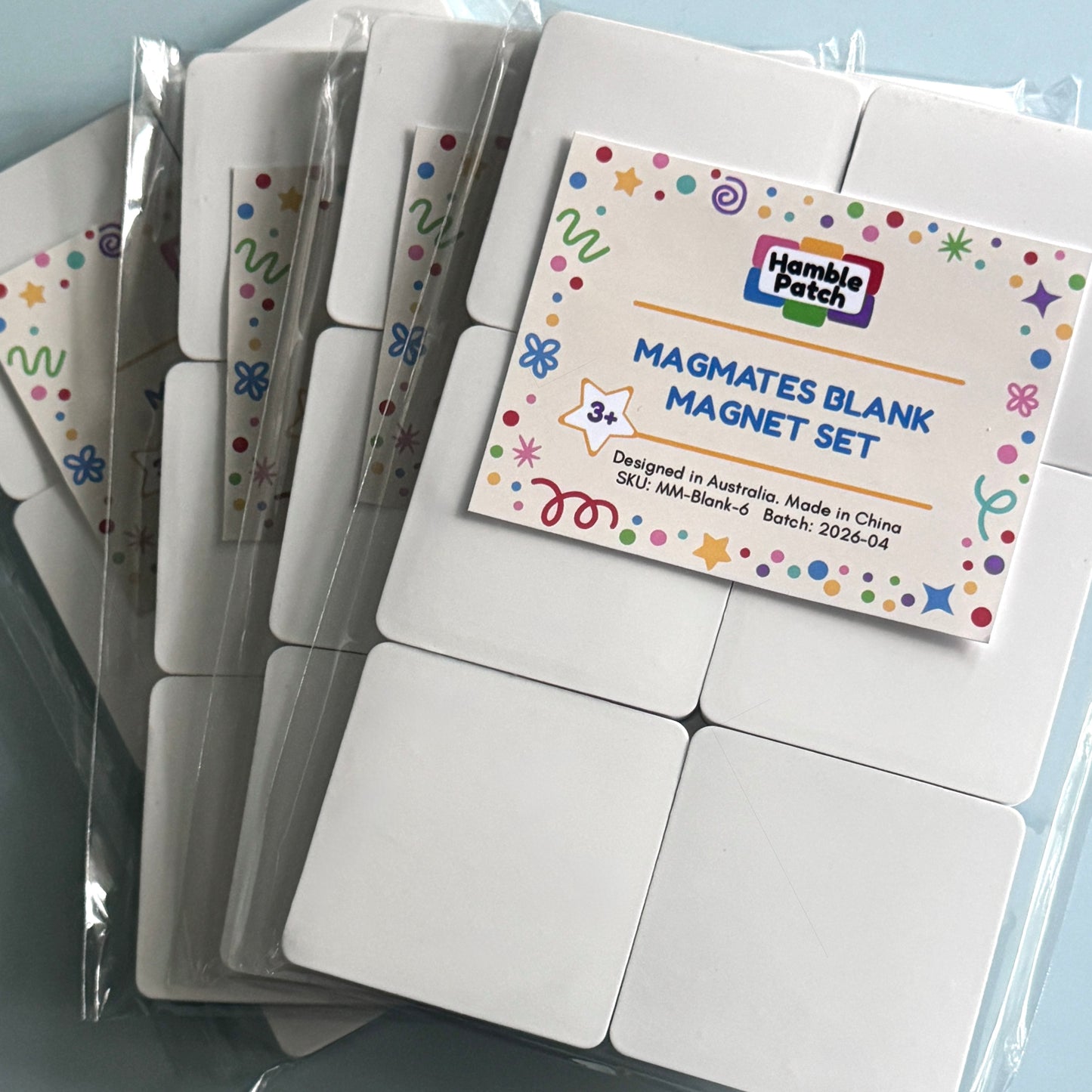 Hamble Patch Magmates Blank Magnet Set packaging with white magnets and colorful label.