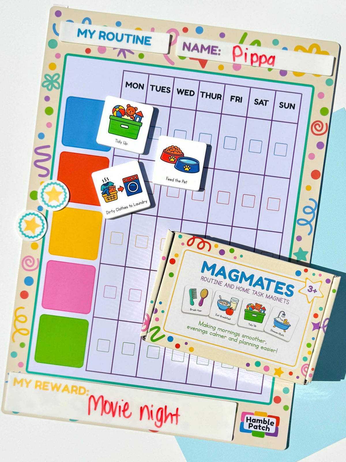 A children's daily tickable routine chart and routine and home task MagMates magnets displayed on a white and blue background. Silicone stickers applied to the magnetic board.