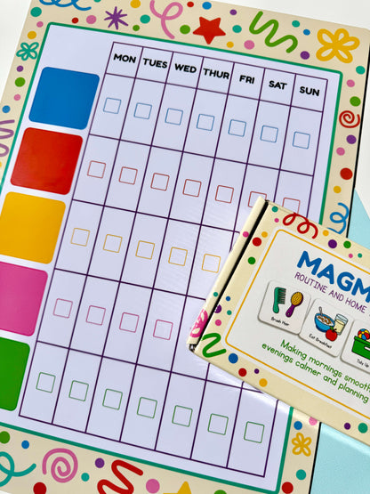 A weekly routine and home planner page with a colourful border, daily check boxes from Monday to Sunday, and bright coloured squares on the left side. A small 'MagMates Routine and Home Task Magnets' product box labelled is placed on top at an angle.