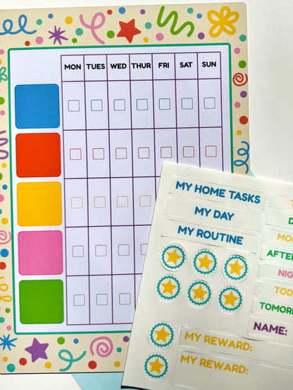 A colourful weekly planner magnetic board with a weekly schedule from Monday to Sunday, a column of bright colour blocks on the left, and two silicone sticker sheets featuring task labels and star-shaped stickers, arranged on a white background.