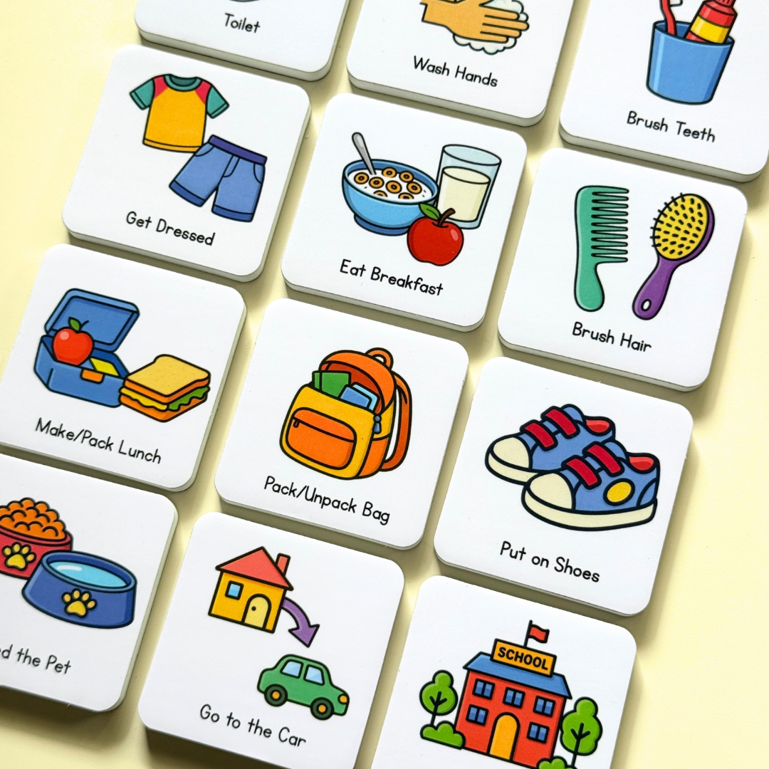 Assortment of MagMates magnets flatlay across the screen with daily routines and activities for children on a light yellow background.